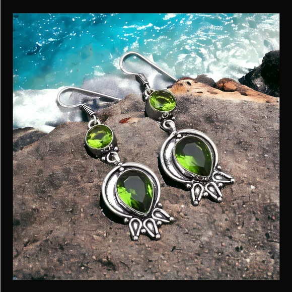 Peridot Handcrafted Drop Dangle Hook Style Earrings 2.32" Long Made In India NWT - Picture 10 of 16